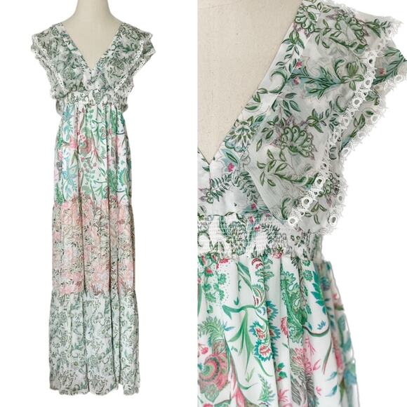 House of Harlow floral mixed print lace edged flutter maxi dress size M medium - Picture 1 of 10